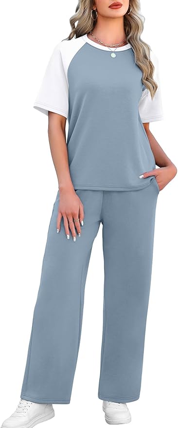 WIHOLL 2 Piece Sets for Women Resort Wear Travel Vacation Outfits Summer Short Sleeve Lounge Sets