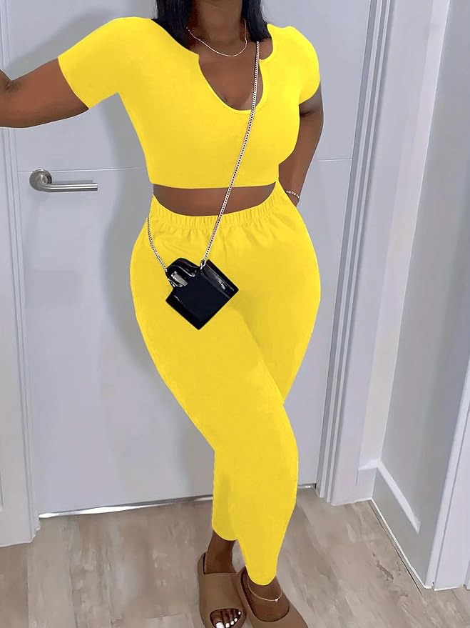 Nimsruc 2 Piece Sets For Women Sexy Casual Workout Crop Short Sleeve Long pants Leggings Sets Summer Active Wear