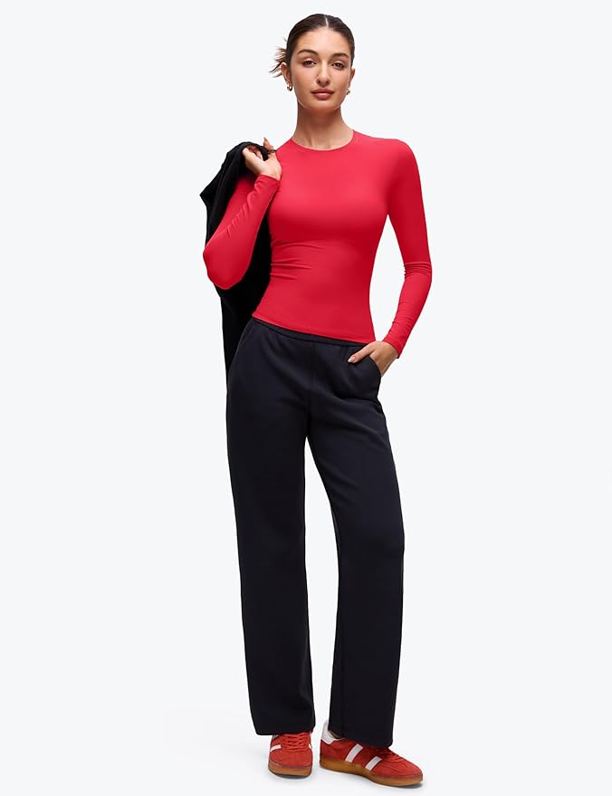 CRZ YOGA Softembrace Crewneck Long Sleeve Shirts for Women - Casual Going Out Tops Soft Basic Fitted Tight Fall T-Shirts
