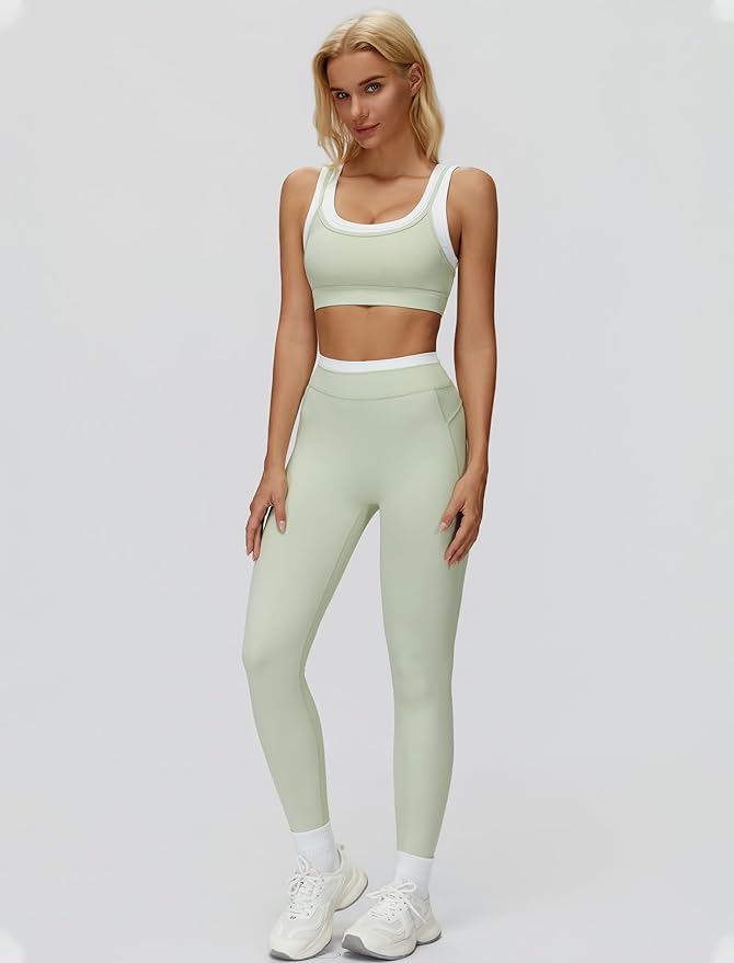 Women 2 Piece Workout U Back Color Block Sports Bra High Waist Active Leggings Yoga Pilates Outfits