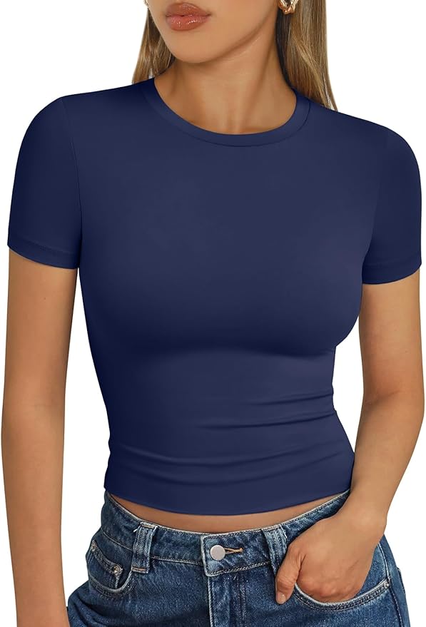 Trendy Queen Womens Short Sleeve T Shirts - Buttery Soft Summer Crop Tops Slim Fit Y2k Basic Tees for Workout