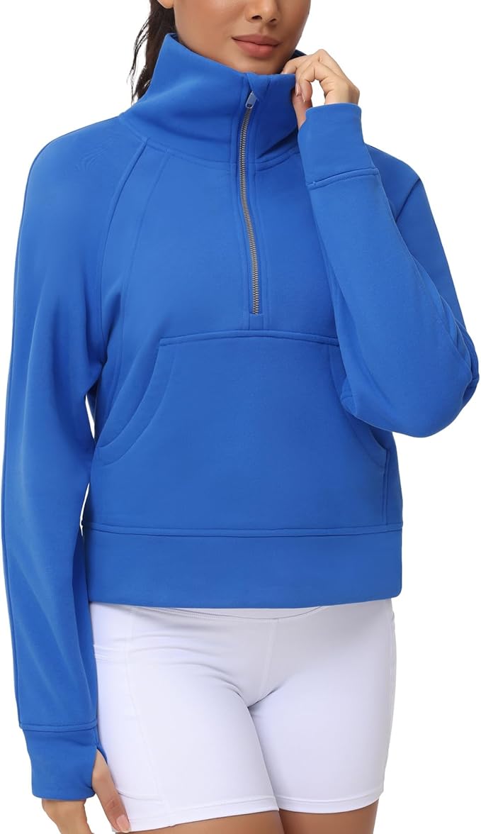 THE GYM PEOPLE Womens' Half Zip Pullover Fleece Stand Collar Crop Sweatshirt with Pockets Thumb Hole