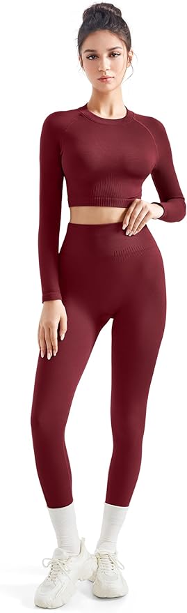 SUUKSESS Women 2 Piece Workout Sets Hidden Scrunch Hip Lifting Seamless Leggings Long Sleeve Yoga Crop Tops