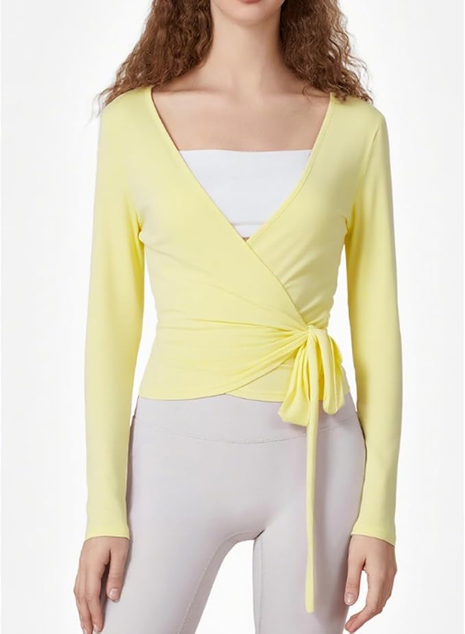 Women Wrap Top Long Sleeve Deep V Neck Cross Tie Workout Ballet Pilates Yoga Shirt