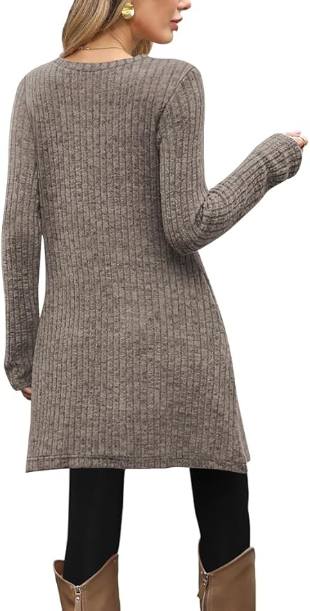 Poetsky Women Long Sleeve Tunic Tops to Wear with Leggings Side Buttons Long Shirts Rib Sweater Dress with Pockets S-3XL