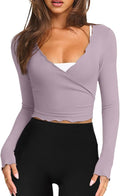 LASLULU Womens Tie Front Wrap Tops Long Sleeve Bolero Shrugs Crop Cardigan Yoga Ballet Cover up Tops Pilates Outfits