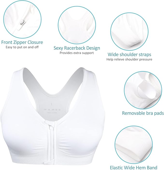 Women's Zip Front Sports Bra Wireless Post-Surgery Bra Active Yoga Sports Bras