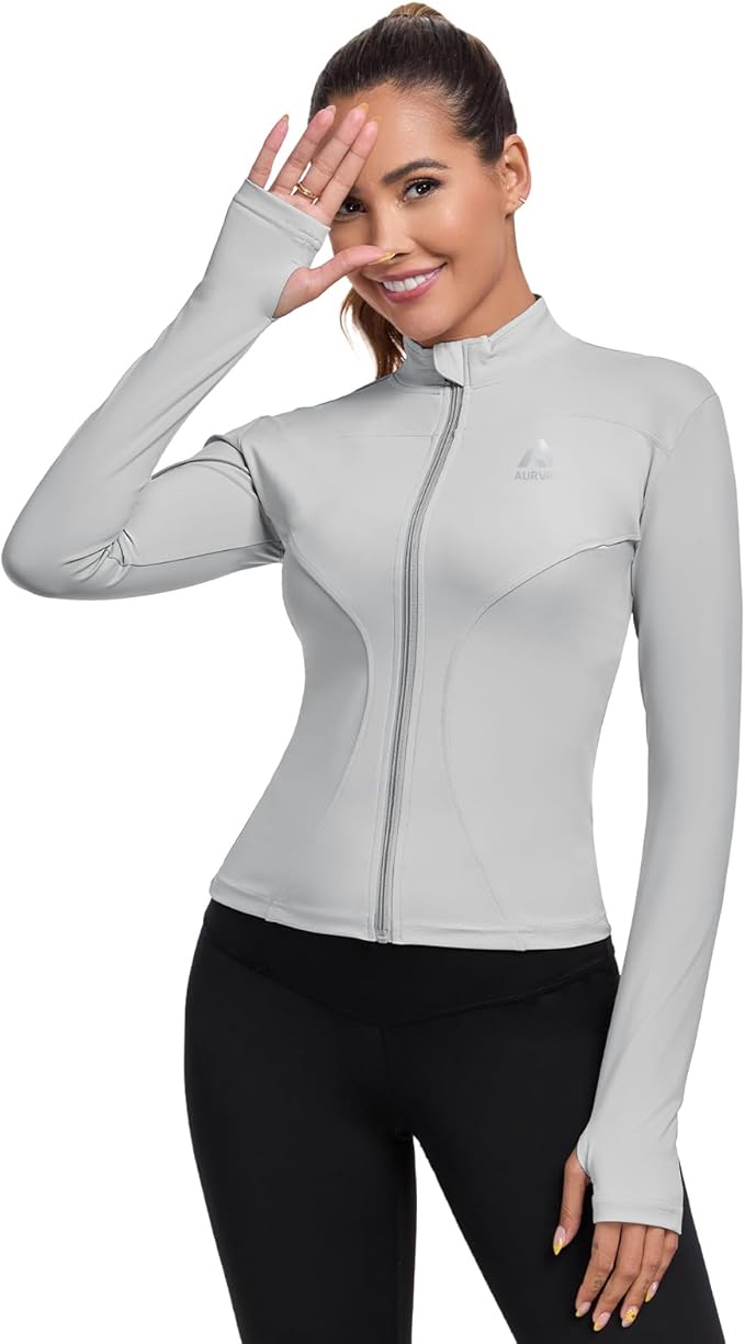 Women's Full Zip Workout Jacket Lightweight Running Slim Fit Athletic Jackets With Thumb Holes