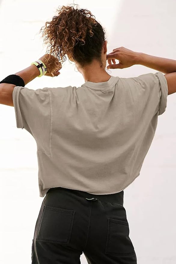 Women's Oversize Workout Crop Tops Casual Short Sleeve Drop Shoulder Boxy T-Shirts Roll Hem Basic Loose Yoga Running Tees