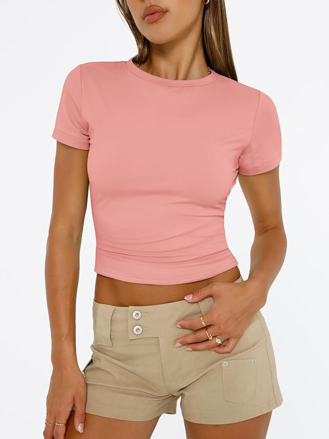 Trendy Queen Womens Short Sleeve T Shirts - Buttery Soft Summer Crop Tops Slim Fit Y2k Basic Tees for Workout