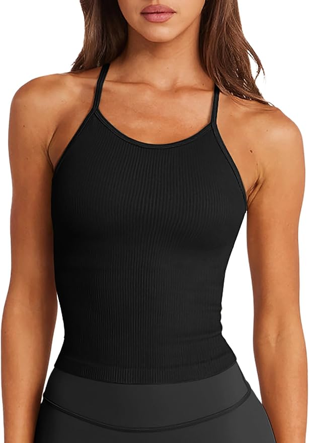 LASLULU Womens Sports Bra Seamless Long Crop Tank Racer Back Spaghetti Strap Workout Yoga Bra Padded Halter Neck Casual Tops
