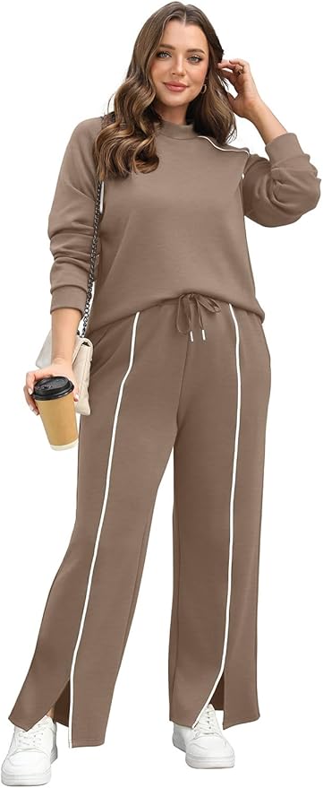 WIHOLL Lounge Sets for Women 2 Piece Fall Outfits 2025 Wide Leg Pant Matching Sets Womens Clothing