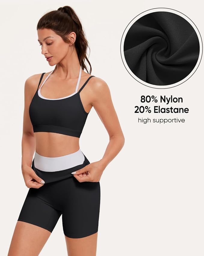OMKAGI Workout Sets for Women Cute Doubel Layer Open Back Sports Bras Gym Shorts Outfits