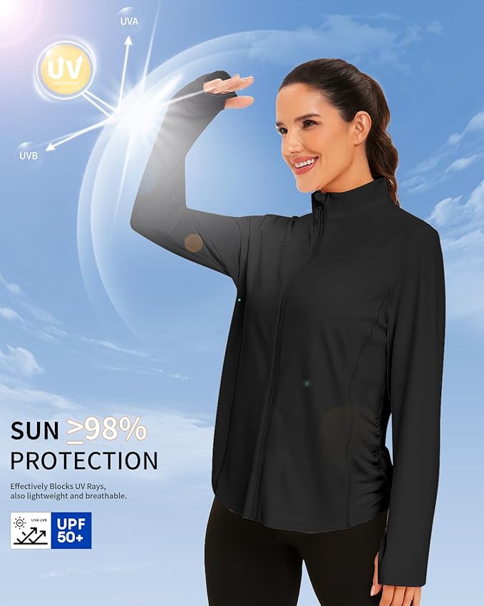 Vldnery Women's UPF 50+ Sun Protection Lightweight Jacket Zip Up Long Sleeve Sun Shirt for Women with Thumb Hole Hiking