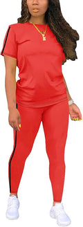 Women's 2 Piece Outfits Sweatsuit Summer Workout Striped Short Sleeve Long Sweatpants Casual Jogging Lounge Set