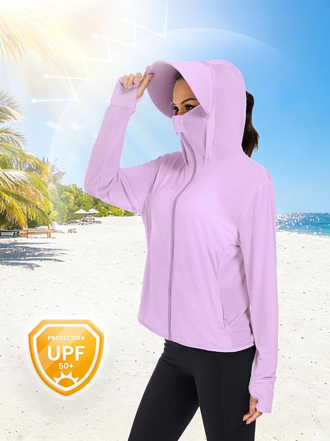 VUTRU Women UPF 50+ Sun Protection Jacket Hoodie Lightweight Full Zip Pockets Running Shirts Long Sleeve for Hiking Outdoor