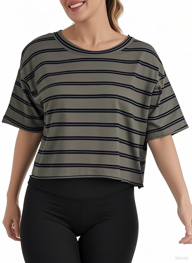 Women's Oversize Workout Crop Tops Casual Short Sleeve Drop Shoulder Boxy T-Shirts Roll Hem Basic Loose Yoga Running Tees