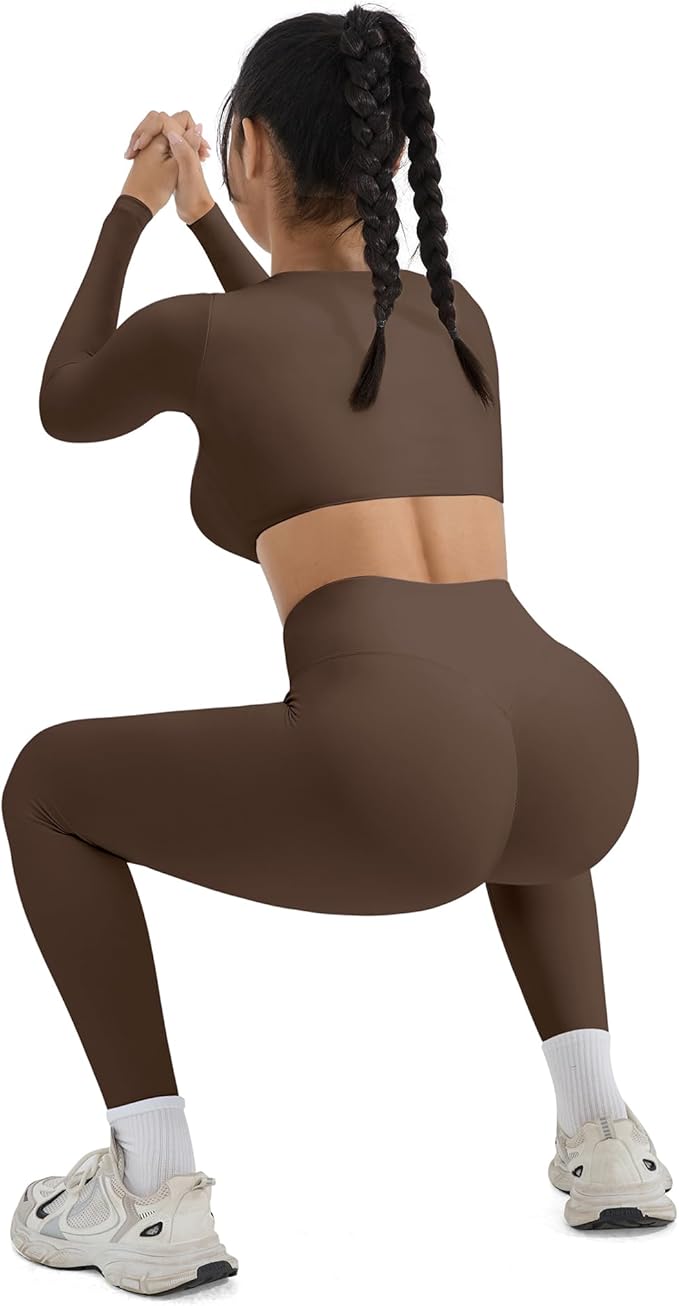 SUUKSESS Women 2 Piece Workout Sets Compression Tummy Control Leggings with Pockets Long Sleeve Square Neck Padded Crop Tops
