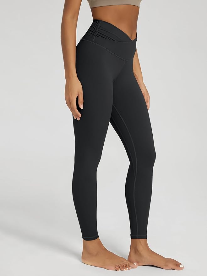 ODODOS Women's Cross Waist Yoga Leggings with Inner Pocket, 23"/25"/28" Gathered Crossover Workout Yoga Pants