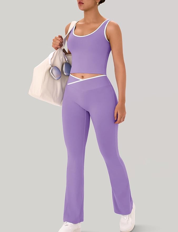 OLCHEE Womens Workout Sets 2 Piece Gym Yoga Outfits Crossover Flare Leggings Crop Tank Top with Contrast Trim