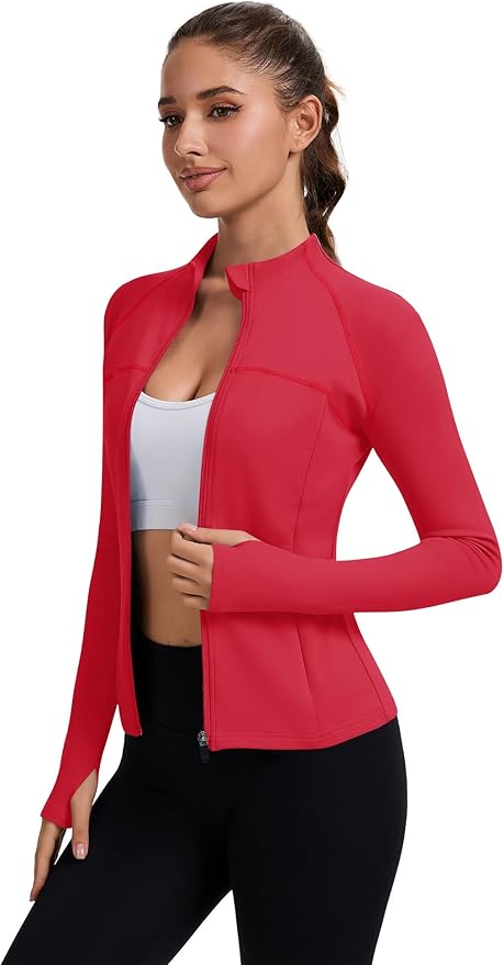 Rapbin Women's Full Zip Workout jackets Runing Slim Fit Athletic Tops With Thumb Holes