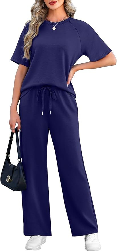 WIHOLL 2 Piece Sets for Women Resort Wear Travel Vacation Outfits Summer Short Sleeve Lounge Sets