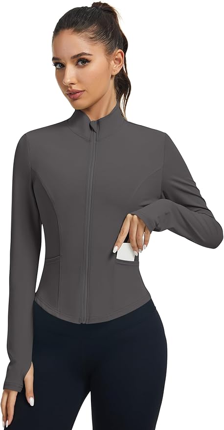 LOMON Women's Athletic Jackets Cropped Long Sleeve Workout Tops Yoga Zip Up Jackets Gym Tops Golf Shirts