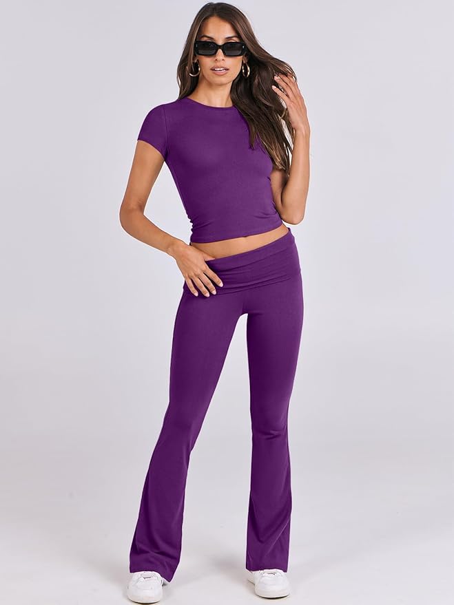 ANRABESS Lounge Sets for Women 2 Piece Foldover Yoga Flare Leggings Pants Crop Tops Casual Y2K Outfits Matching Tracksuit Set