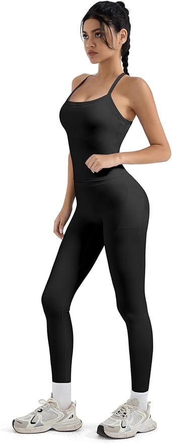 SUUKSESS Women 2 Piece Workout Sets Compression Tummy Control Leggings with Pockets Halter Built in Bra Tank Tops