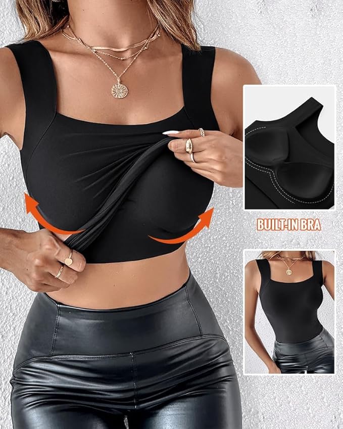 CHICME Womens U Neck Shapewear Built-in Bra Tank High Strechy Sleeveless Slim Fit Tops Camisole Workout Tops