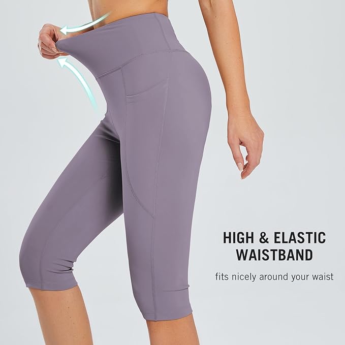 baleaf Women's Capri Leggings with Pockets High Waisted Knee Length Capris Stretch for Casual Yoga Pants Workout Exercise