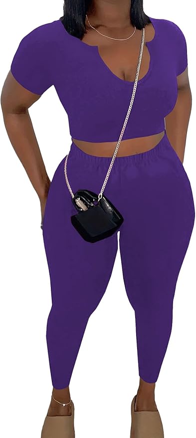 Nimsruc 2 Piece Sets For Women Sexy Casual Workout Crop Short Sleeve Long pants Leggings Sets Summer Active Wear