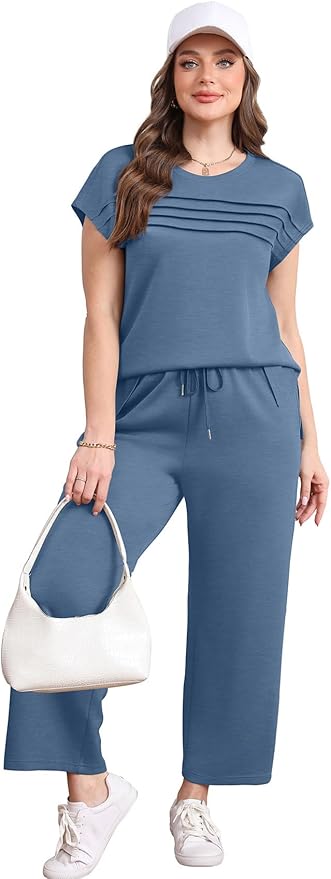 WIHOLL Two Piece Sets for Women Summer Spring Travel Vacation Outfits Cap Sleeve Lounge Matching Sets Wide Leg Pants S-3XL