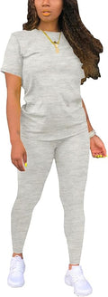Women's 2 Piece Outfits Sweatsuit Summer Workout Striped Short Sleeve Long Sweatpants Casual Jogging Lounge Set