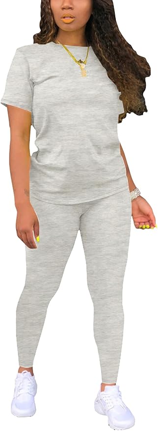 Women's 2 Piece Outfits Sweatsuit Summer Workout Striped Short Sleeve Long Sweatpants Casual Jogging Lounge Set