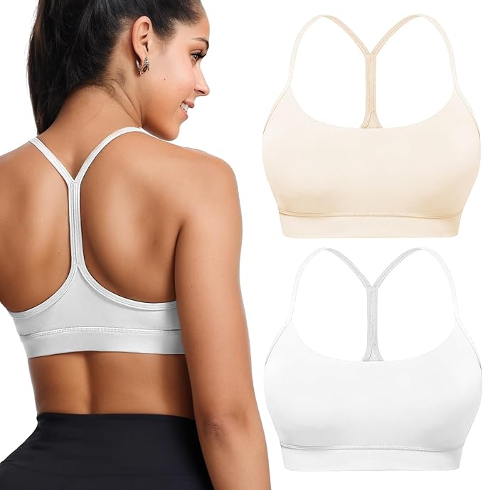 Buauty 2 Packs Y Back Sports Bra for Women, Low Impact Padded Racerback Spaghetti Strap Bras, Workout Yoga Tops