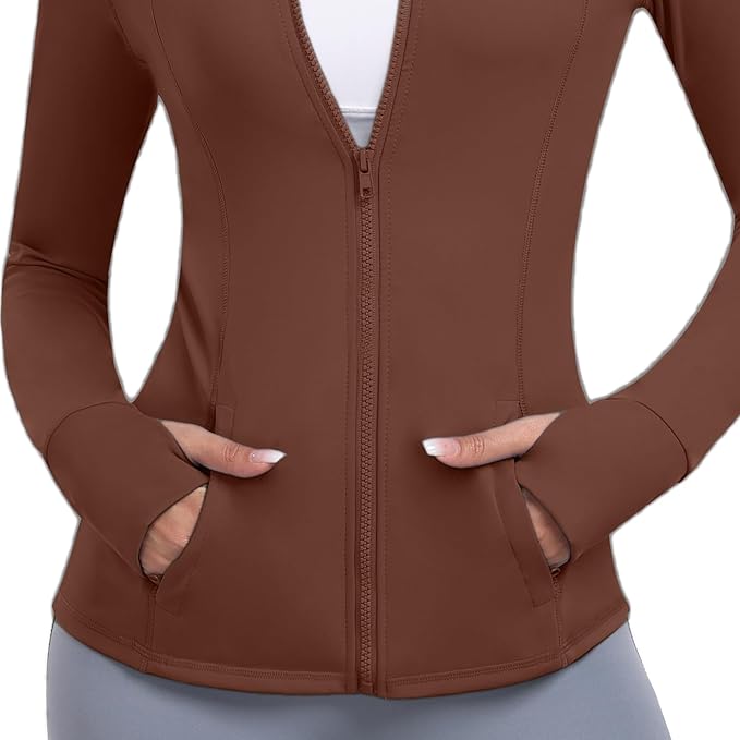 Women's Athletic Full Zip Lightweight Workout Jacket With Pockets Running Slim Fit Yoga Sportwear With Thumb Holes