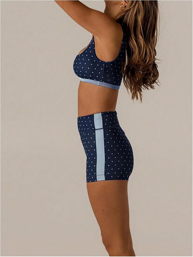 Milumia Women's Polka Dots Workout Set 2 Piece Color Block Yoga Outfit Bra Tank High Waisted Biker Shorts