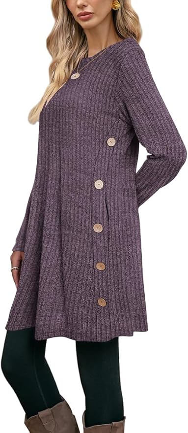Poetsky Women Long Sleeve Tunic Tops to Wear with Leggings Side Buttons Long Shirts Rib Sweater Dress with Pockets S-3XL