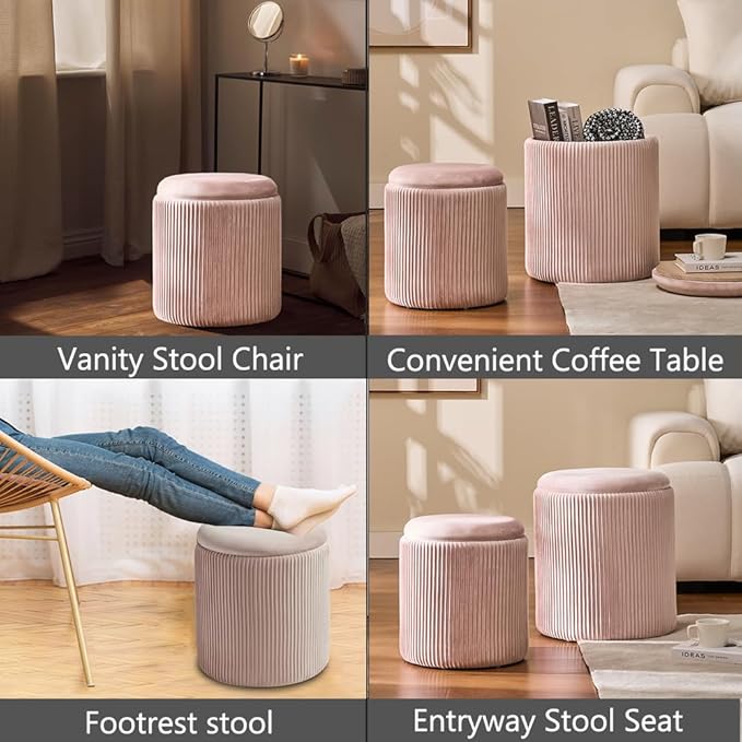 BLEXA Round Set of 2 Ottoman with Storage-Upholstered Velvet Vanity Stool for Makeup Multifunctional Ottomans Coffee Table Padded Seat Foot Rest for Living Room&Bedroom(Pink)