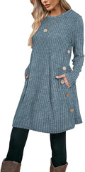 Poetsky Women Long Sleeve Tunic Tops to Wear with Leggings Side Buttons Long Shirts Rib Sweater Dress with Pockets S-3XL