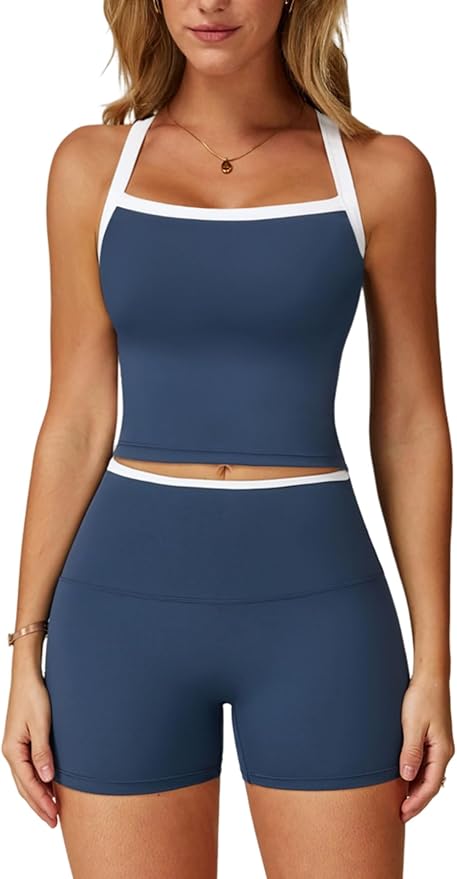QBGJTD Two Piece Workout Sets For Women Tank Top Matching High Waist Booty Lifting Shorts Gym Yoga Active Wear Outfits