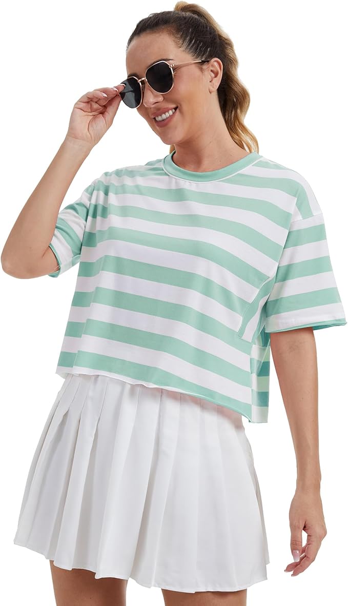 Women's Oversize Workout Crop Tops Casual Short Sleeve Drop Shoulder Boxy T-Shirts Roll Hem Basic Loose Yoga Running Tees