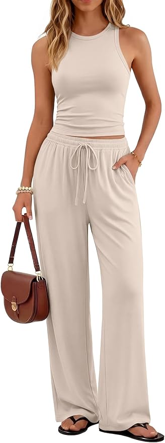Trendy Queen Women's 2 Piece Summer Lounge Sets Butter Soft Tank Top & High Waisted Wide Leg Pants with Pockets