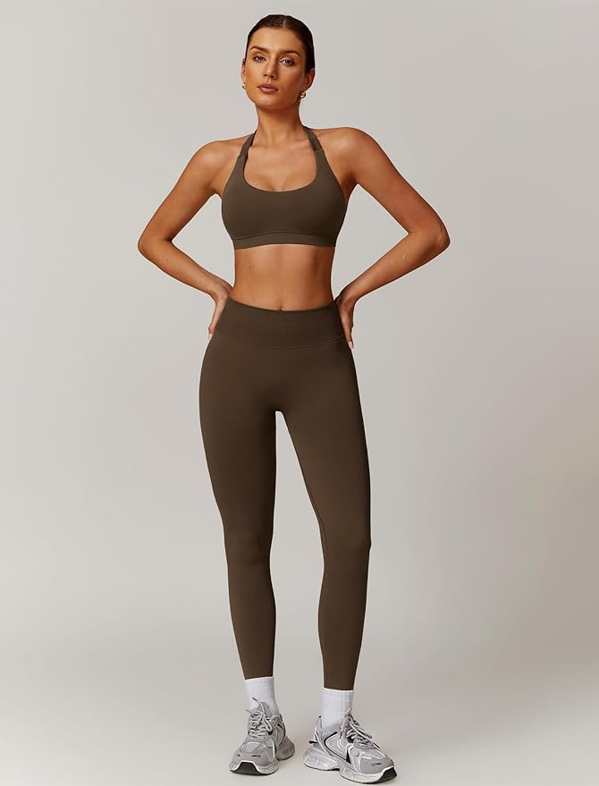 ABOCIW Workout Sets for Women Seamless Scunch Butt Lifting Impact Leggings Halter Sports Bra 2 Piece Gym Outfits