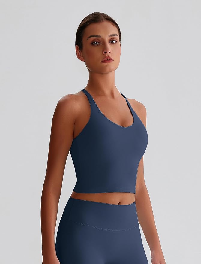 ABOCIW Womens Cross Back Workout Crop Tank with Built in Bra V Neck Longline Sports Bra Gym Shirt Yoga Pilates Top