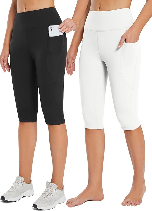 baleaf Women's Capri Leggings with Pockets High Waisted Knee Length Capris Stretch for Casual Yoga Pants Workout Exercise