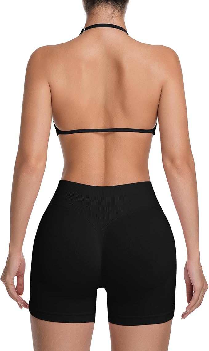 Comper 2 Piece Workout Sets for Women Halter Strappy Sports Bra with Seamless Ribbed Gym Yoga shorts Outfits