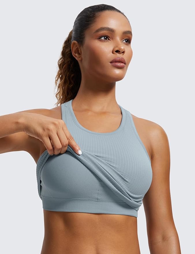 CRZ YOGA Seamless Ribbed High Neck Crop Tank Tops for Women - Longline Racerback Padded Sports Bras