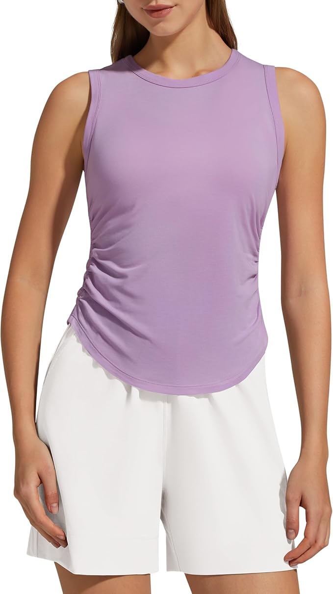 G4Free Lyocell Ruched Side Workout Tank Tops Woman High Neck Waist Length Gym Tanks Soft Relaxed Fit for Training